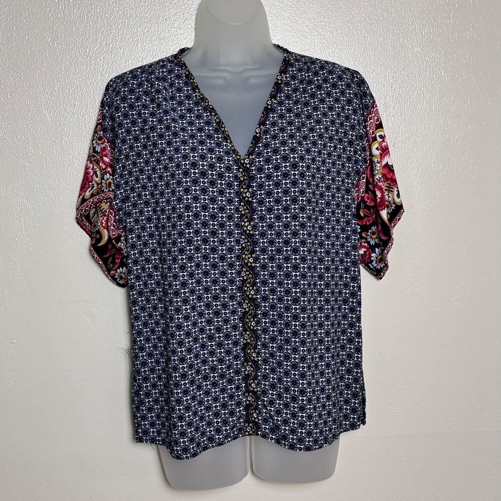 Suzanne Betro Boho Blouse V Neck Kimono Sleeve Mixed Print Resort Top - Picture 2 of 8